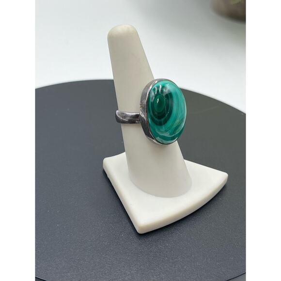 Signed Sterling silver Malachite Heart  Chakra Love Cabochon Bypass Ring 8-8.5 - Picture 2 of 11